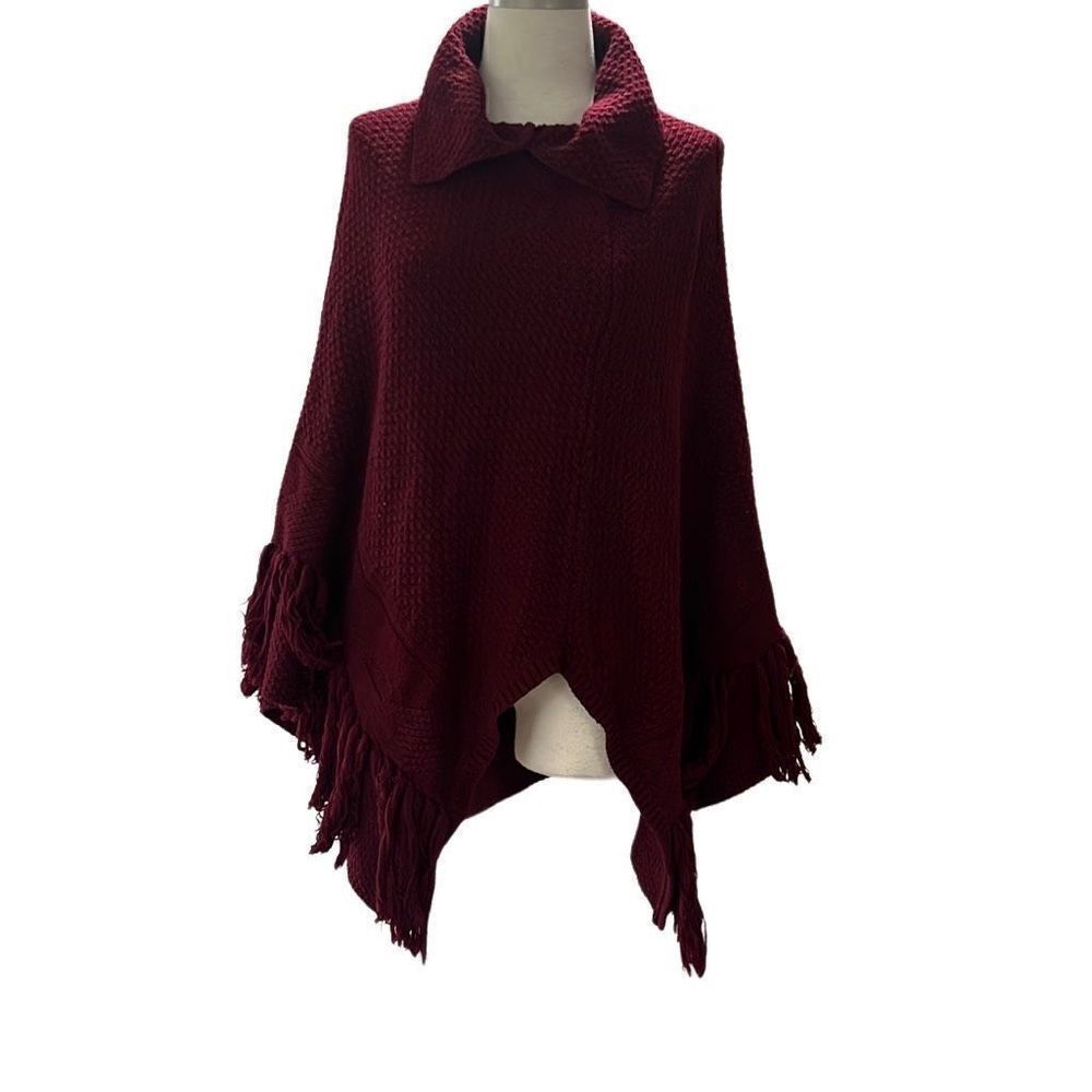 Coldwater Creek Burgundy Wool Blend Sweater Fringe Pancho Women’s One Size